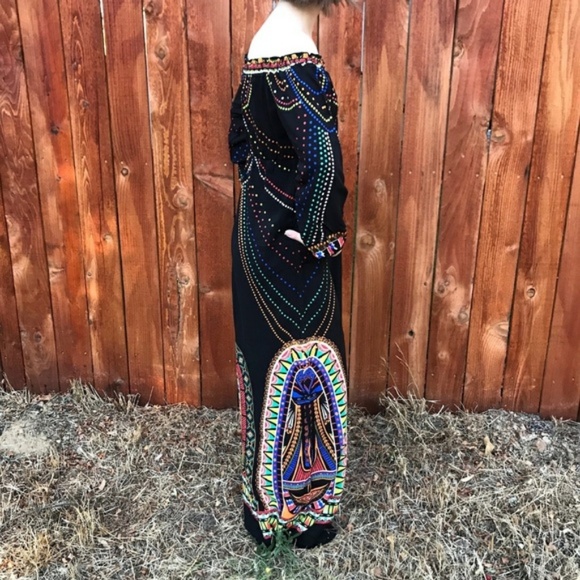 BoHo Off shoulder Maxi long dress small printed hippie bohemian black tomato - Picture 3 of 8